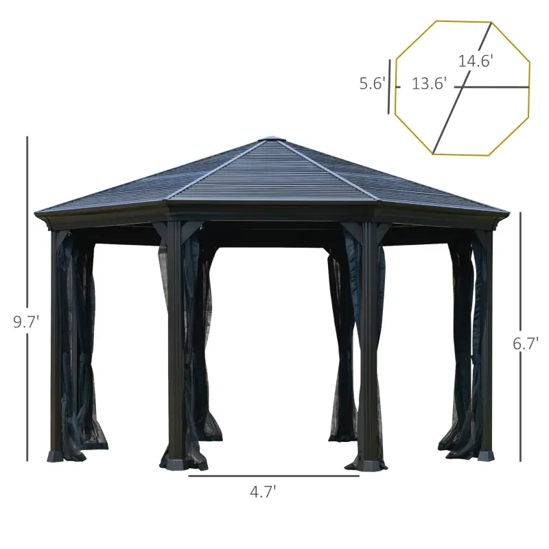 Outsunny 15' x 15' Octagon Hardtop Gazebo with Galvanized Steel Roof, Aluminum Frame, Permanent Pavilion Outdoor Gazebo Canopy with Netting for, Patio, Garden, Backyard, Deck, Lawn, Black