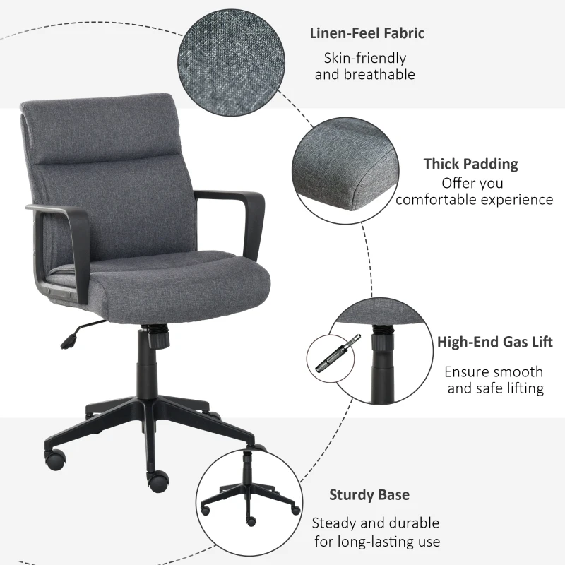 Vinsetto Mid Back Linen Fabric Home Office Chair, Computer Task Chair with Ergonomic Lined Wide Seat, Thick Padding, and 360° Swivel Wheels, Gray