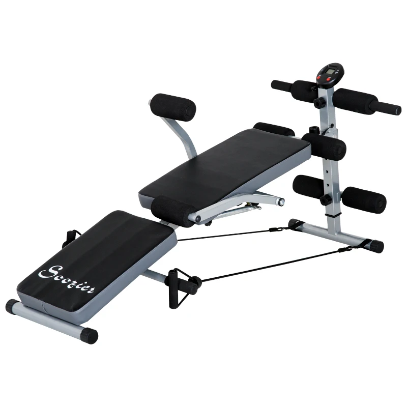 Soozier Steel Height Adjustable Multi-Position Abdominal Sit-Up Home Gym Bench with LCD Monitor and Resistance Bands