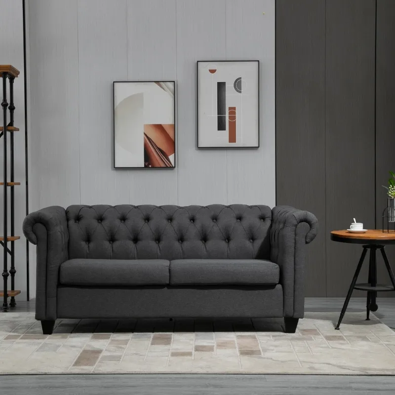 HOMCOM 2-Seater Oversize Loveseat Linen Fabric Sofa Couch 72.8 Inches with Rubberwood Legs & Rolled Arms for Living Room, Grey