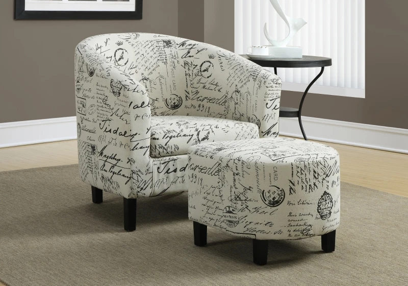 Monarch Modern Upholstered Curved Back Barrel Tub Chair with Matching Ottoman - Vintage French Print