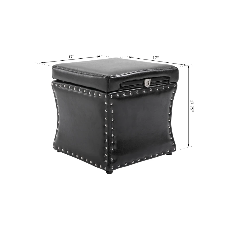 HomCom 17” Cube Faux Leather Storage Ottoman Footrest With Decorative Pull Out Tray - Black