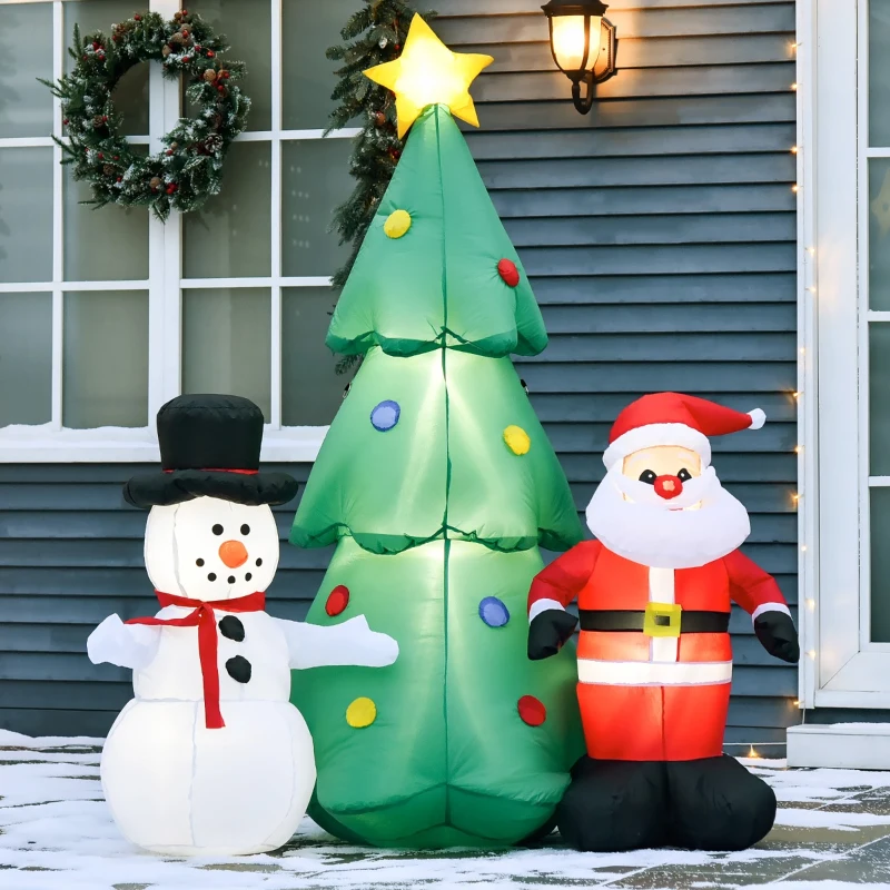 HOMCOM 6ft Christmas Inflatable Santa Claus and Snowman with Christmas Tree, Outdoor Blow-Up Yard Decoration with LED Lights Display