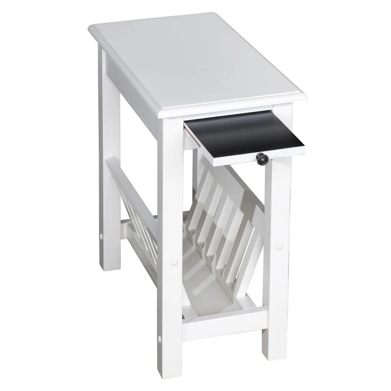 HomCom Modern 2-Tier Acacia Wood End Table Side Desk with Cup Holder and Lower Shelf - White