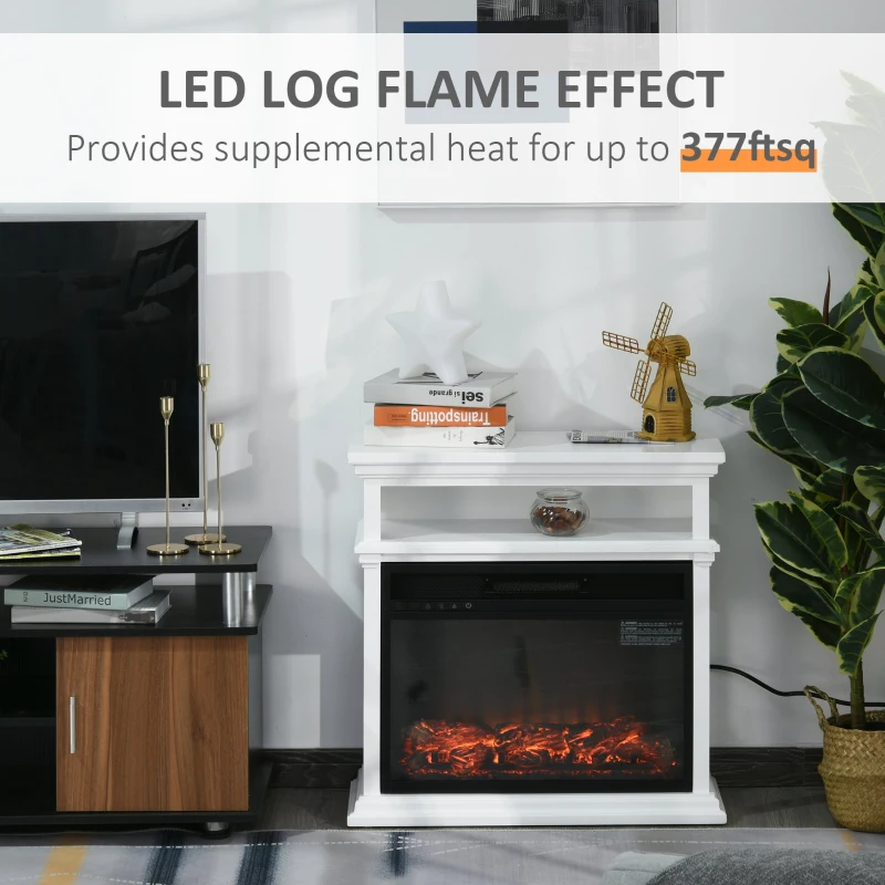 HOMCOM Electric Fireplace with Shelf, Storage Rack, Side Console Table, LED Log Flame, Auto Cut-Off, Remote Control, White