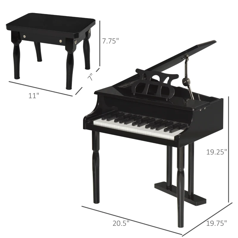 HOMCOM Modern Kids Piano 30 Keys Set of 2 Mini Toy for Child Grand Piano with Music Stand and Bench - Black
