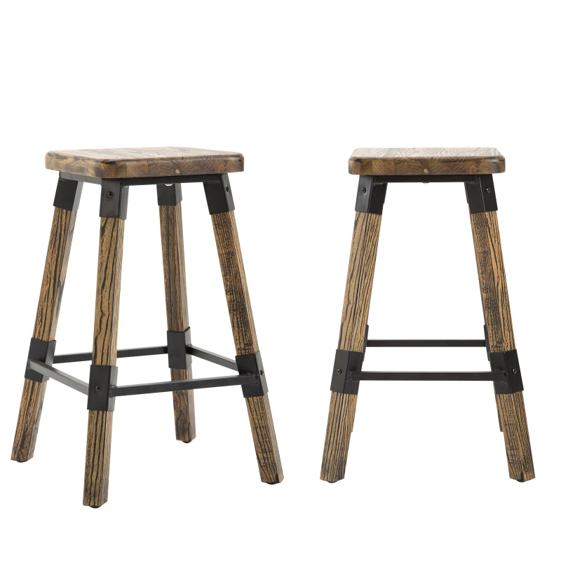 HomCom 2 Piece 24" Tall Rustic Industrial Armless Square Wood Top Bar Stool Set - Black / Woodgrain