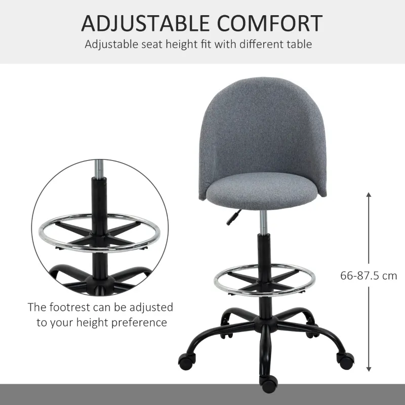 Vinsetto Ergonomic Rolling Drafting Chair for Standing Desk, Linen Office Stool with Adjustable Foot Ring and Steel Base