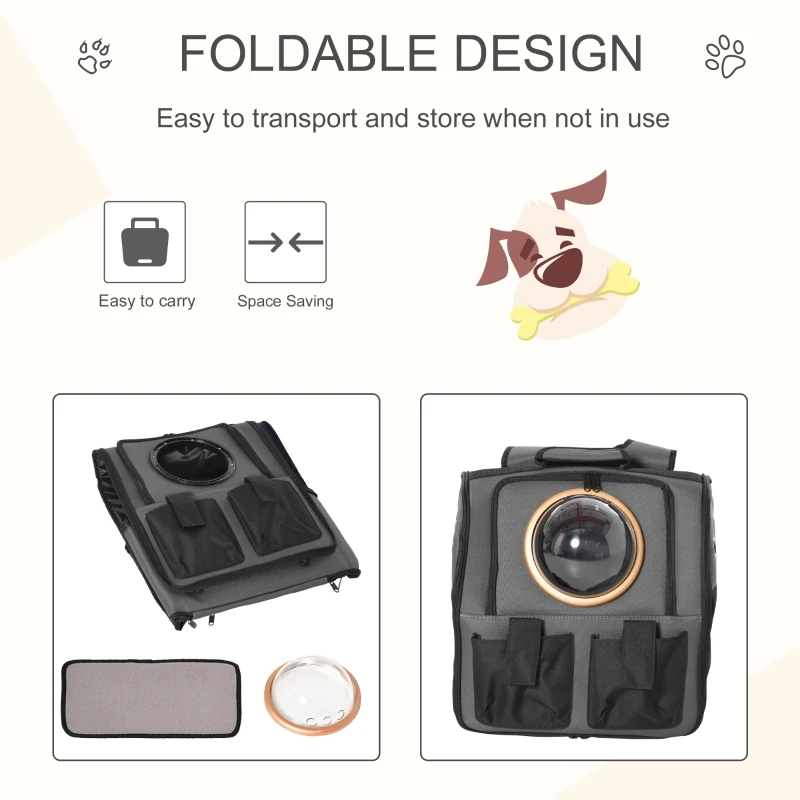 PawHut Foldable Pet Carrier Backpack with Two Storage Packets, Breathable Mesh, Transparent Window & Adjustable Shoulder Strap for Small Cats & Dogs Travel Hiking, Grey