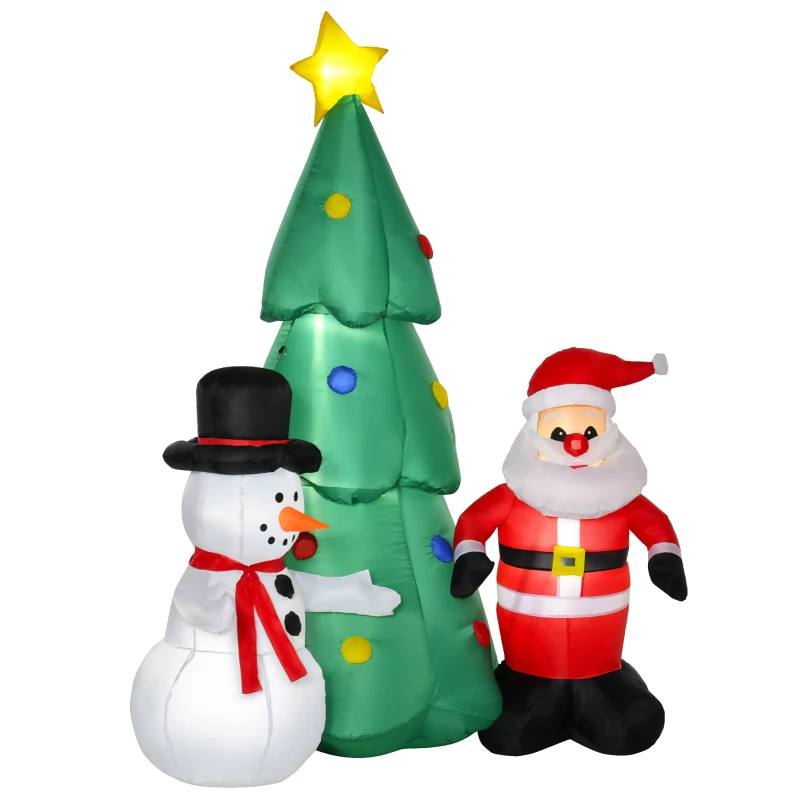HOMCOM 6ft Christmas Inflatable Santa Claus and Snowman with Christmas Tree, Outdoor Blow-Up Yard Decoration with LED Lights Display