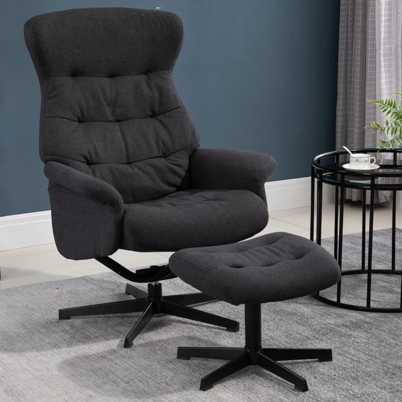 HOMCOM Fabric Recliner with Footrest - Modern Elegant Reclining with Sturdy Metal Base - Thick Padded Cushion - Dark Grey