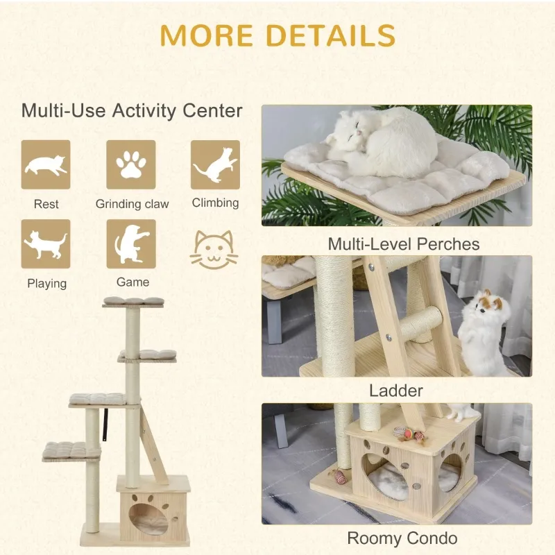 PawHut Multi-Level Cat Tree Condo Tower with Sisal-Covered Scratching Post, Activities for Kittens & Soft Cushion Luxury