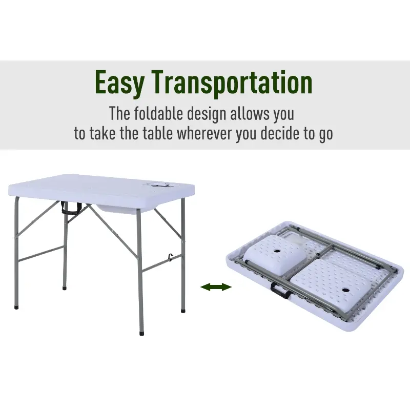 Outsunny 40" Portable Camping Table with Faucet Folding Easy-Clean Camping Table with Dual Water Basins