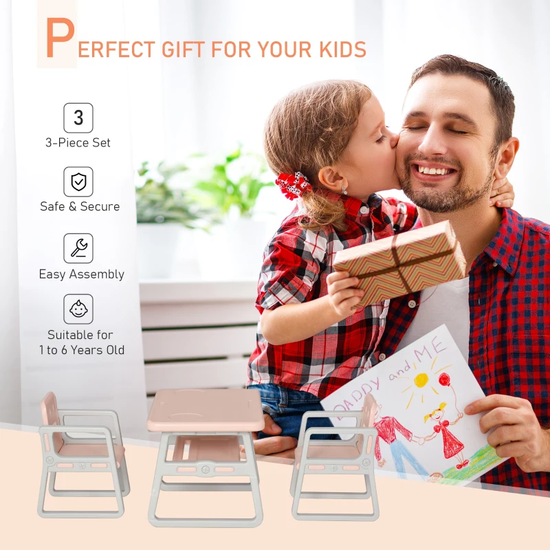 Qaba 3-Piece Kids Table and Chair Set Writing Desk with Armrest, Storage Space for Toddler Activities, Pink