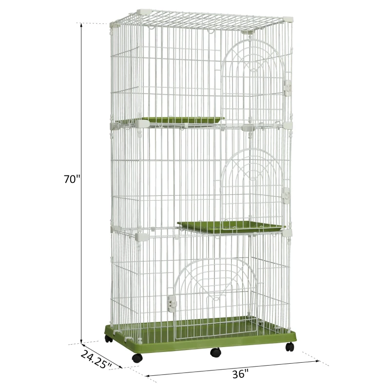 PawHut 70" 3-Level  Steel Wire Vertical Cat Condo Pet Cage - White/ Green