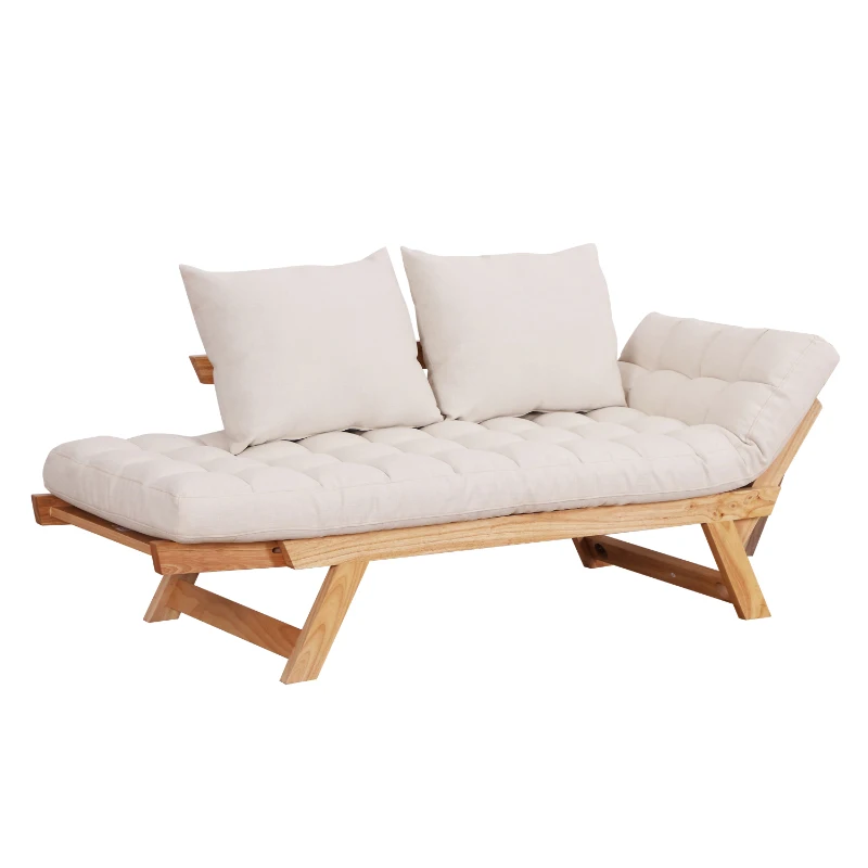 HomCom 3 Position Convertible Chaise Lounge Sofa Bed - Natural Wood/ Cream White