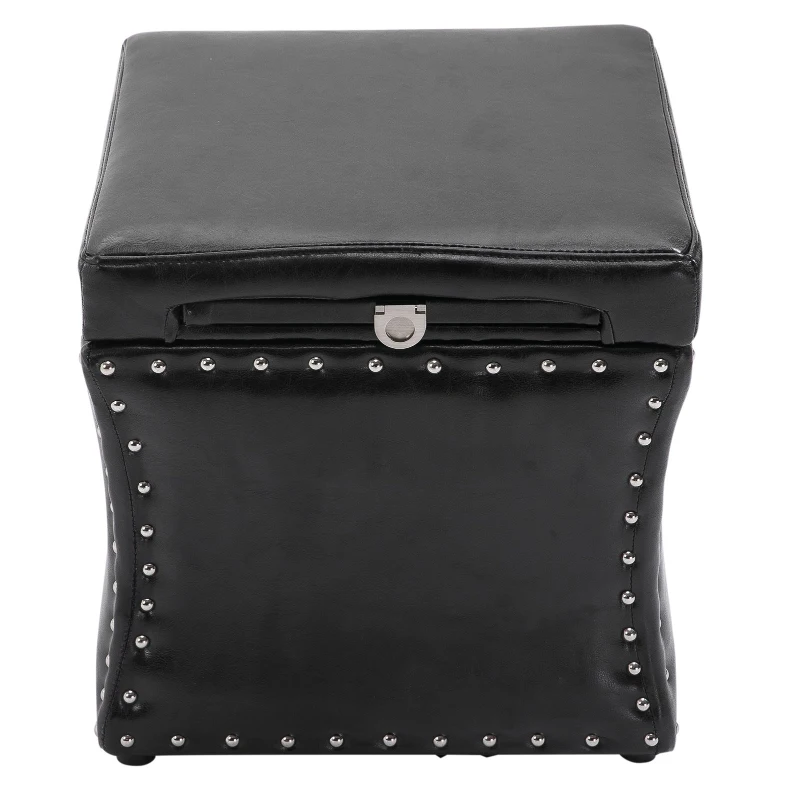 HomCom 17” Cube Faux Leather Storage Ottoman Footrest With Decorative Pull Out Tray - Black
