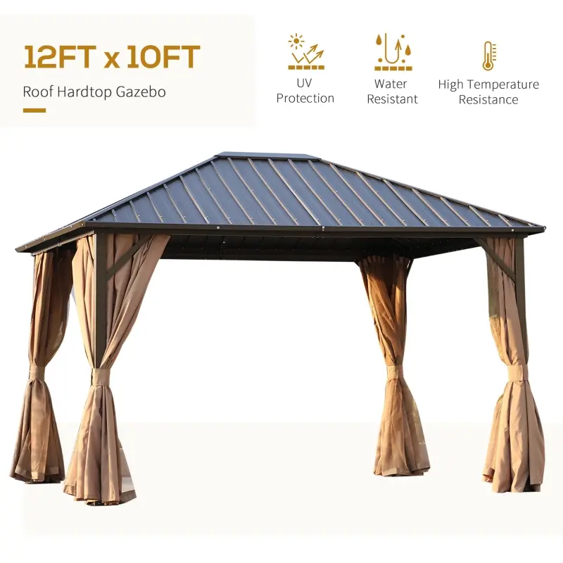 Outsunny 10' x 12' Hardtop Gazebo with Curtains and Netting, Permanent Pavilion Metal Roof Gazebo Canopy with Aluminum Frame and Top Hook, for Garden, Patio, Deck, Backyard, Brown