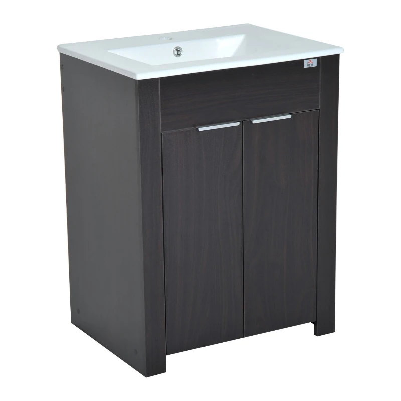 HomCom 24" Modern Full Size Ceramic Sink Vanity Storage Cabinet- Dark Coffee Woodgrain