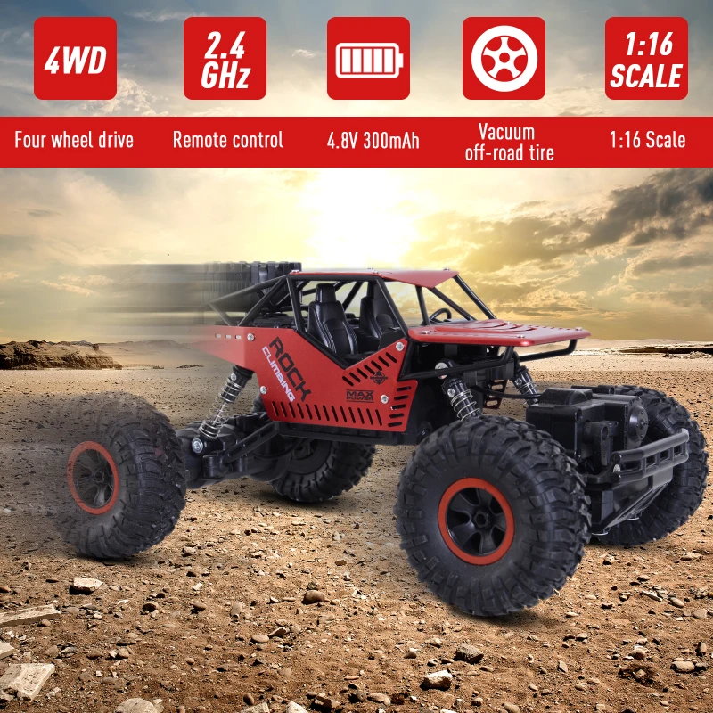 Aosom 1:16 Scale 2.4Ghz 4WD RC Rock Crawler Off-Road Electric Monster Truck - Red