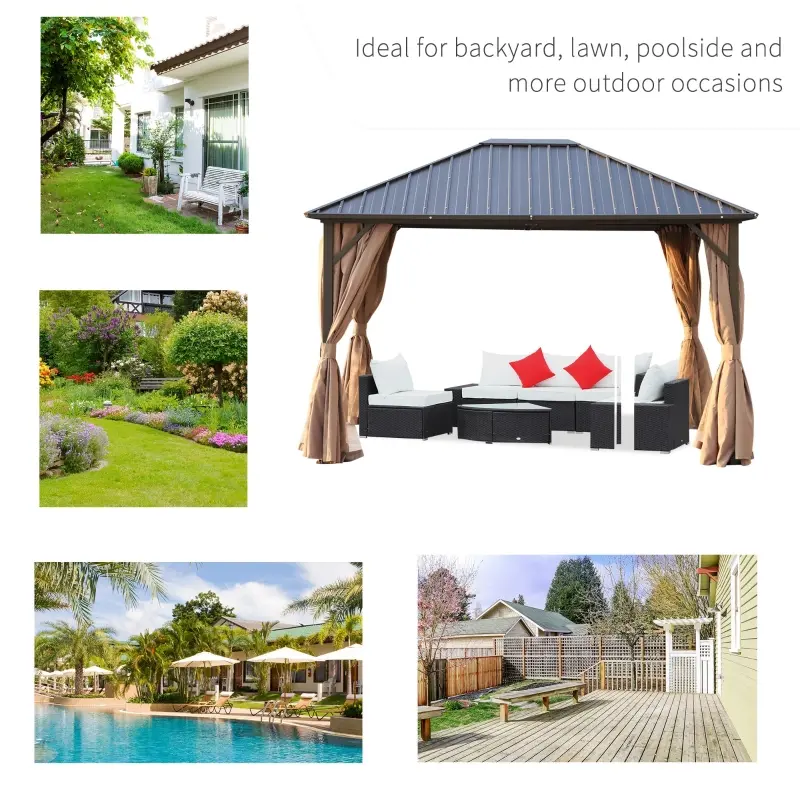 Outsunny 10' x 12' Hardtop Gazebo with Curtains and Netting, Permanent Pavilion Metal Roof Gazebo Canopy with Aluminum Frame and Top Hook, for Garden, Patio, Deck, Backyard, Brown