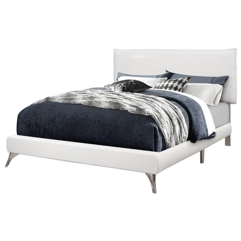 Monarch Queen Size Modern Upholstered Bed Frame with Padded Headboard and Chrome Legs - White Leather Look