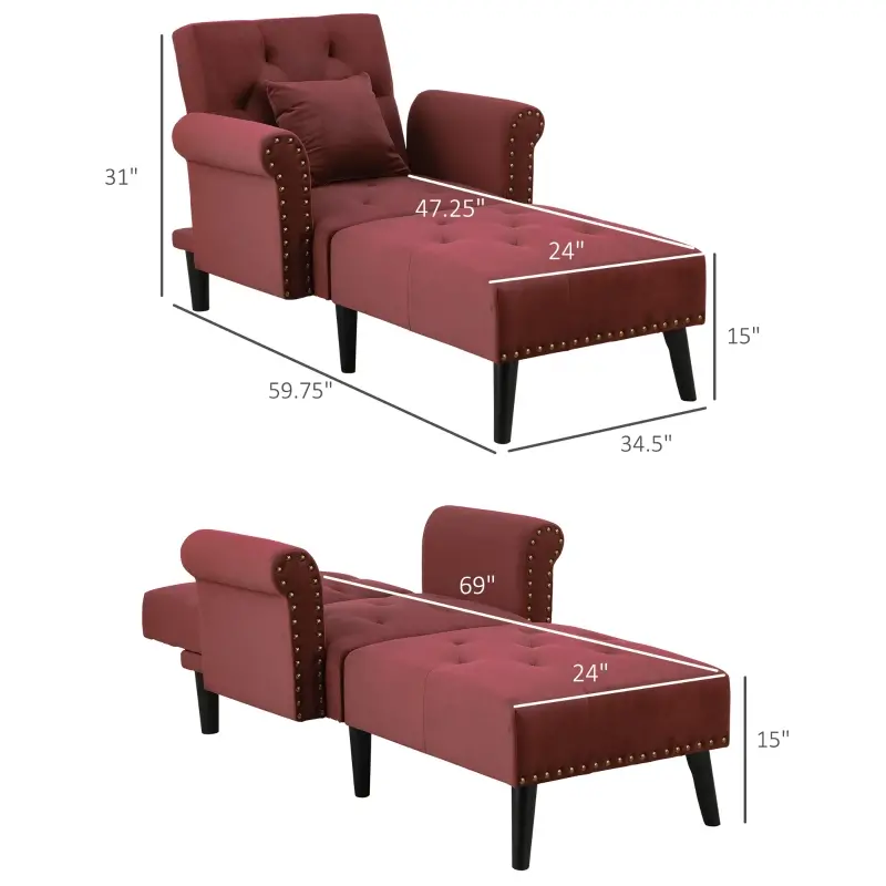 HOMCOM Wine Red Reclining Sofa Bed with Adjustable Backrest & Wooden Legs, Modern Relaxing Lounge Chair for Living Room or Office