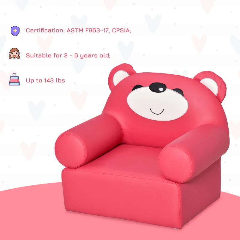 Qaba Mini Kids Sofa with Bear Design and Ergonomic Backrest, Small & Lightweight Armchair for Art, Homework, & Reading, with Easy to Clean Surface, Rose Red