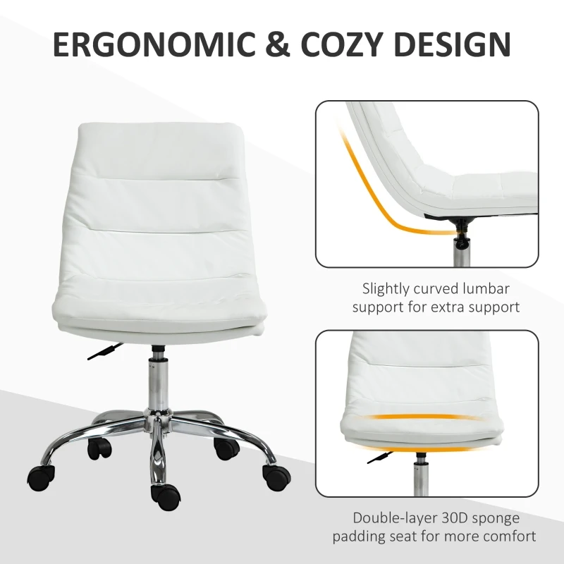 Vinsetto Armless Office Chair Ergonomic Computer Desk Chair Mid-Back Upholstered Task Chair with PU Leather, Adjustable Height and Swivel Seat, White