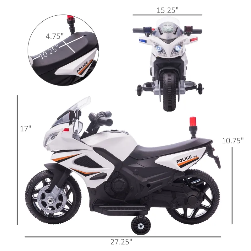 Aosom 6V Kids Motorcycle Police Electric Ride-On Dirt Bike Off-road Street Bike Battery Powered Rechargeable Horn Headlights Training Wheels Realistic Sounds for Girls and Boys 18 - 36 months White