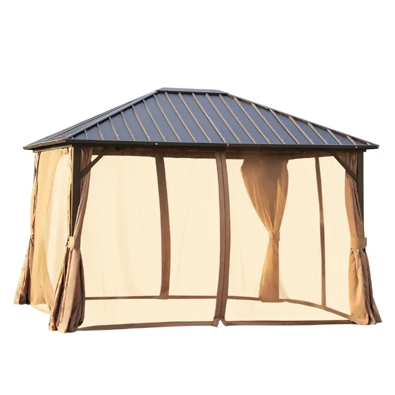 Outsunny 10' x 12' Hardtop Gazebo with Curtains and Netting, Permanent Pavilion Metal Roof Gazebo Canopy with Aluminum Frame and Top Hook, for Garden, Patio, Deck, Backyard, Brown