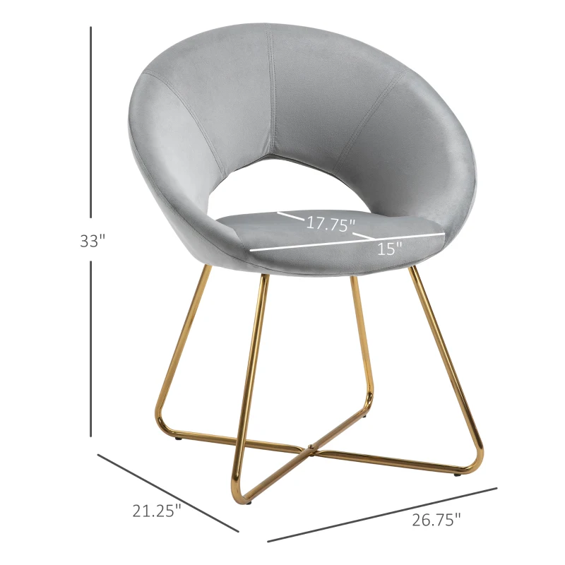 HOMCOM Modern Accent Velvet Chair Open Curved Mid-Back Upholstered Vanity Chair with Gold Plating Metal Legs for Living Room/Office/Reception Grey
