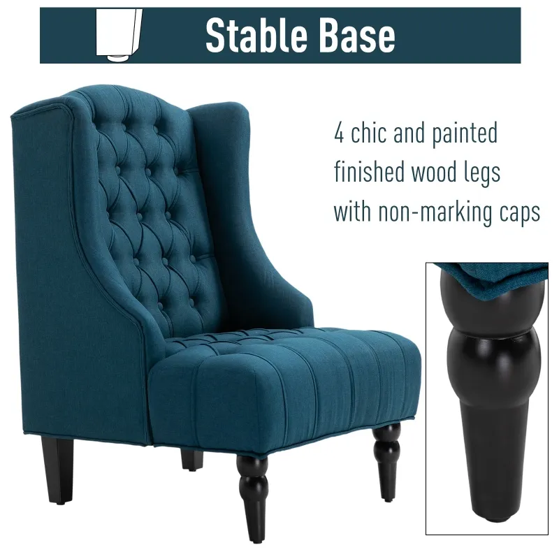 HOMCOM Linen Fabric Button Tufted Wingback Accent Chair with Thick Padded Cushioned Seats and Wooden Legs for Living Room and Bedroom, Dark Blue
