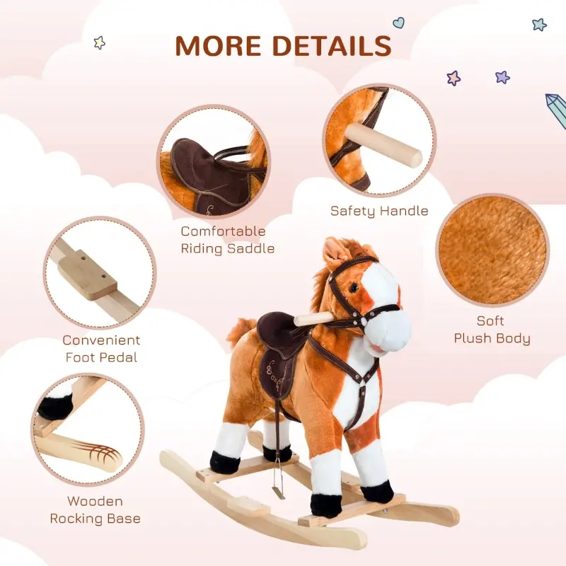 Qaba Kids Plush Toy Rocking Horse, Wooden Ride-on Chair, Plush Animal Rocker with Realistic Sounds and Moving Tail for Toddlers, Brown