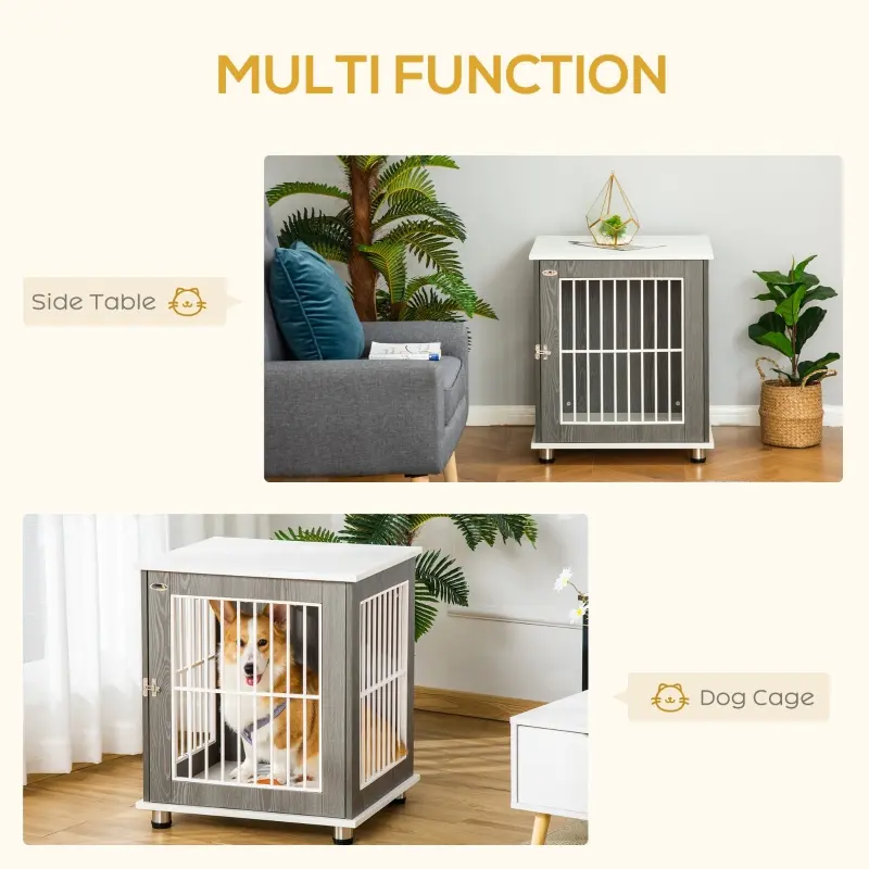 PawHut Wooden Dog Kennel, Furniture End Table with Lockable Door, Small Size Pet Crate Indoor Animal Cage, Grey
