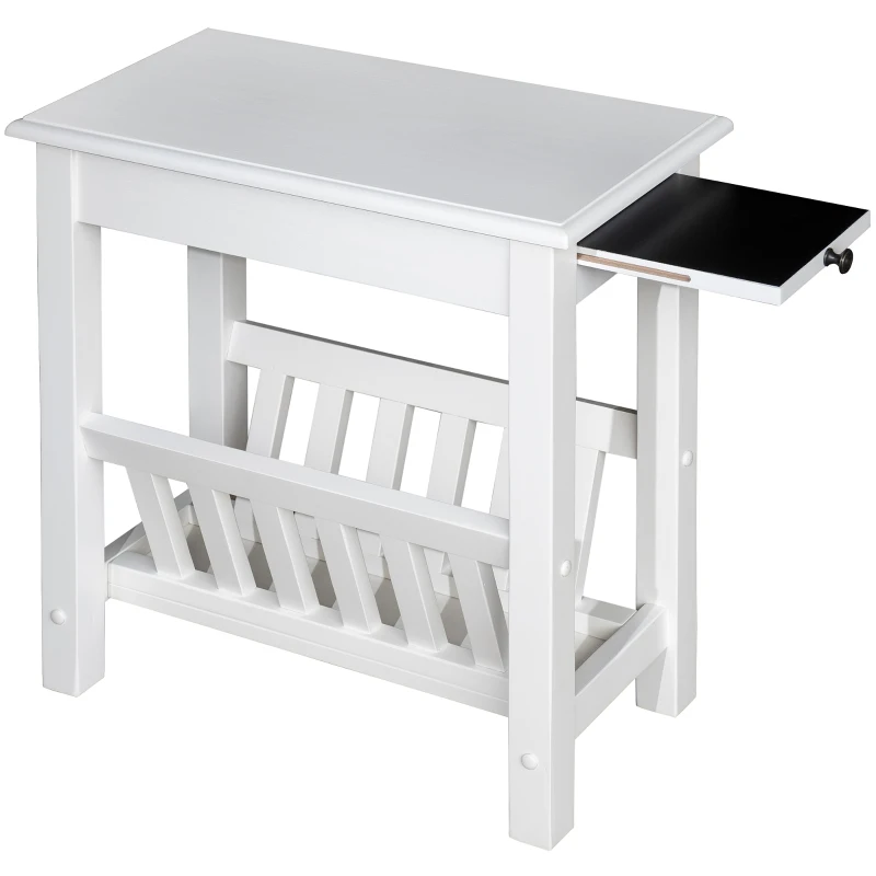 HomCom Modern 2-Tier Acacia Wood End Table Side Desk with Cup Holder and Lower Shelf - White