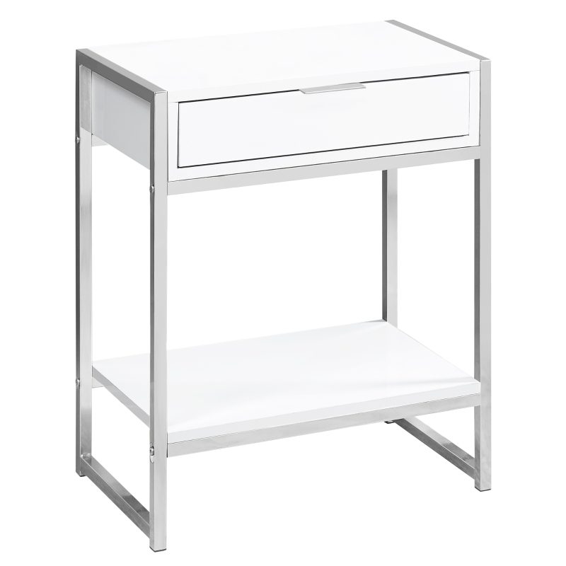 Monarch 24" Contemporary End Table Night Stand with Large Storage Drawer and Open Bottom Shelf - White / Chrome Frame