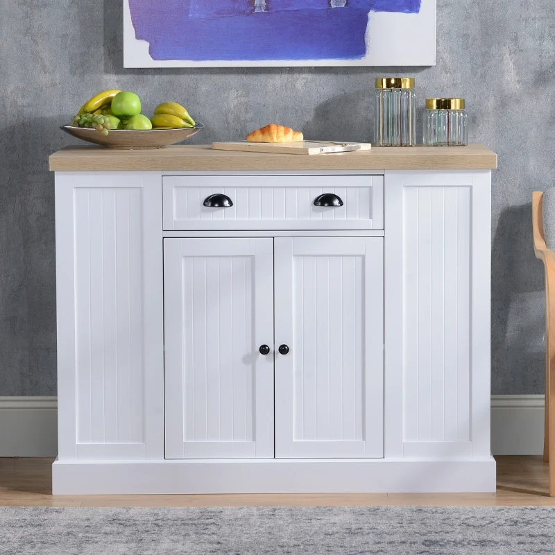 HOMCOM Fluted-Style Wooden Kitchen Island, Storage Cabinet with Drawer, Open Shelving, and Interior Shelving for Dining Room, White