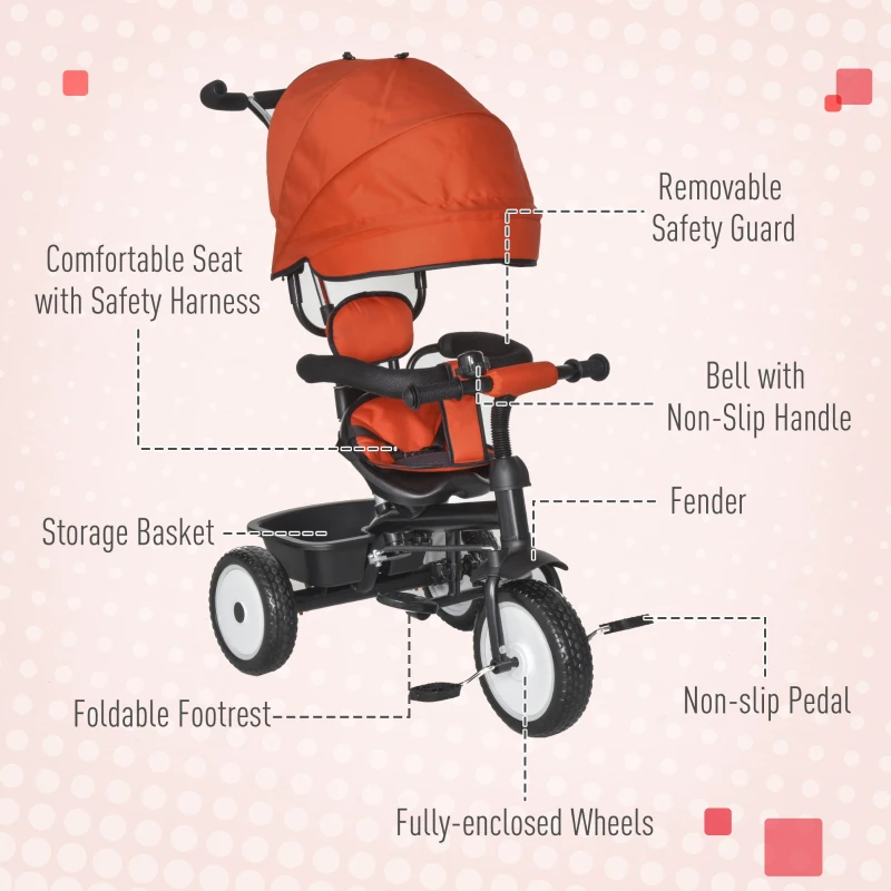 Qaba Baby Tricycle 2 In 1 Trike with Adjustable Canopy Detachable Guardrail Belt for Age 6-60 Months, Red