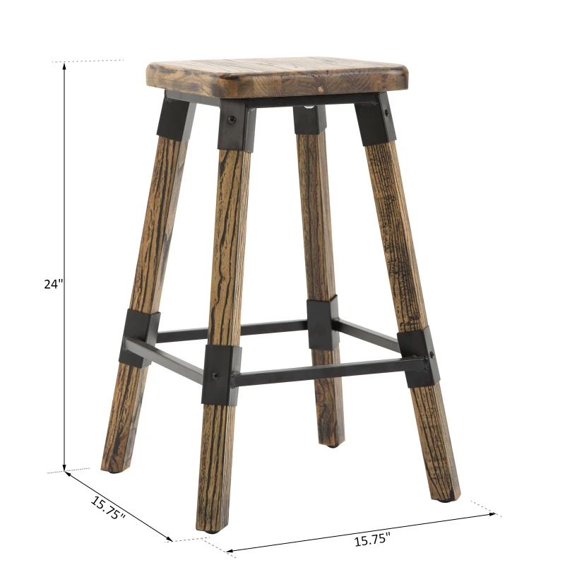 HomCom 2 Piece 24" Tall Rustic Industrial Armless Square Wood Top Bar Stool Set - Black / Woodgrain