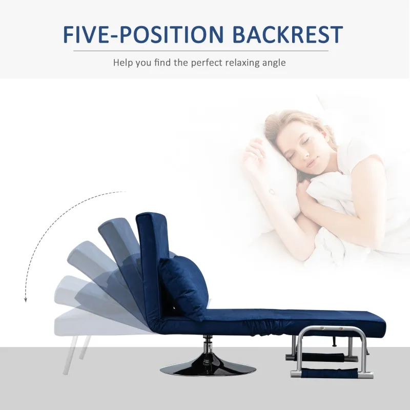 HOMCOM 3-IN-1 Sofa Chair Single Bed with 5-Position Adjustable Backrest and Seat Height, Thick Sponge Padding with Pillow, Blue