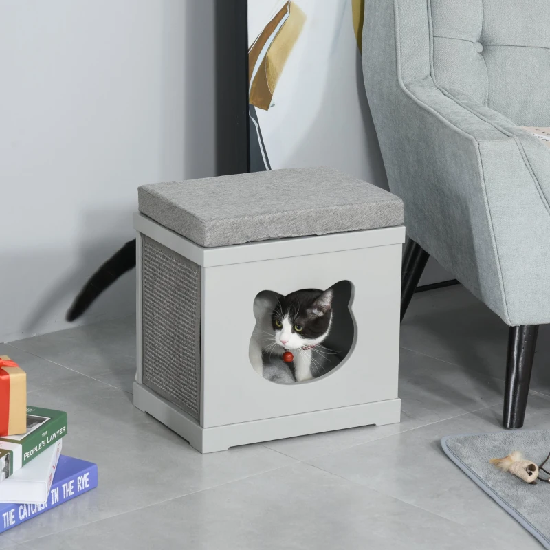 PawHut Wooden Cat Bed Cube House with Soft Padded Cushions, 2 Exterior Scratching Boards, & Interior Space, Grey