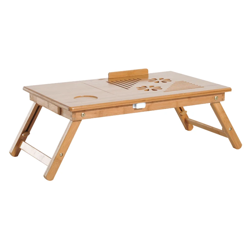 HomCom 22” Adjustable Wooden Folding Bamboo Laptop Bathtub Tray Table With Storage Drawer