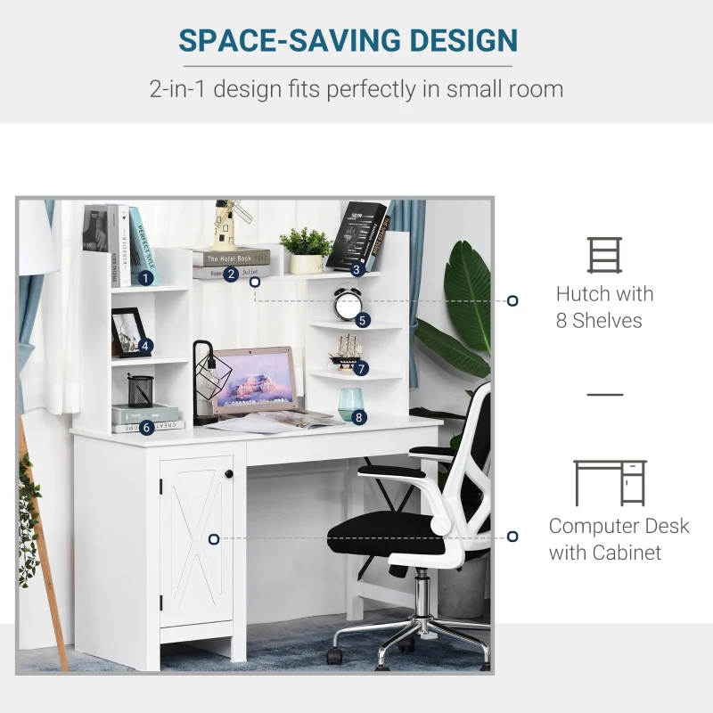 HOMCOM Home Office Computer Desk with Hutch and Storage Cabinet and 6 Shelves, White