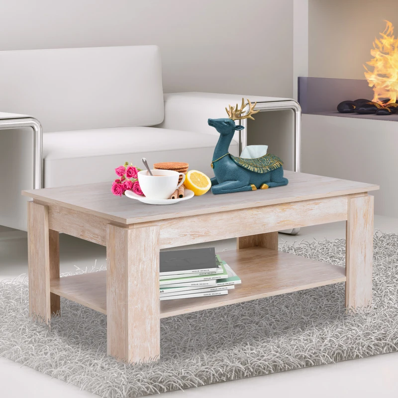 HomCom 43" Distressed Wood Rectangle Living Room Coffee Table with Lower Storage Shelf - Wood Grain