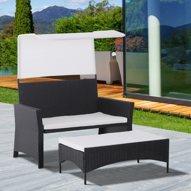 Outsunny 2 Piece Rattan Wicker Outdoor Loveseat with Sunshade Canopy and Nesting Ottoman Footrest - Black