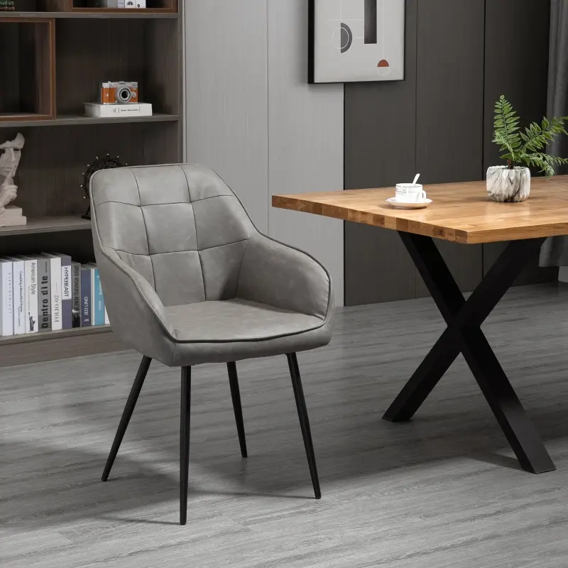 HOMCOM Modern Style Dining Chair Back Accent Chair with PU Leather Upholstery and Metal Legs for Living Room, Light Grey