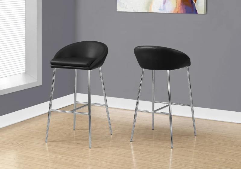 Monarch 2 Piece Modern PU Leather Padded Seat Chrome Legged Bar Height Barstool Chair Set - Black