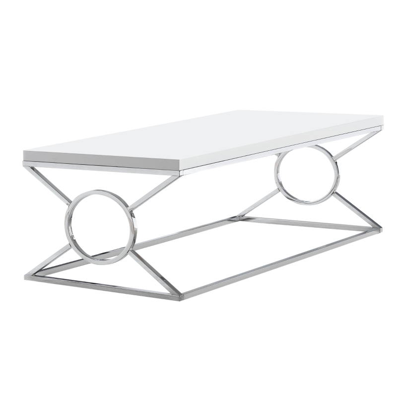 Monarch 44" Contemporary Chrome Metal Circle-X Frame Accent Cocktail Coffee Table - Glossy White Finish