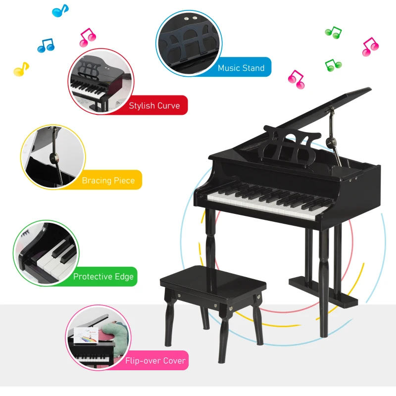 HOMCOM Modern Kids Piano 30 Keys Set of 2 Mini Toy for Child Grand Piano with Music Stand and Bench - Black